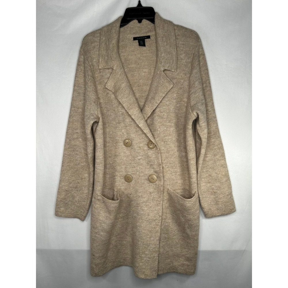 Tahari Womens 1X Oatmeal Beige Wool Blend Double Breasted Knit Cardigan Coat